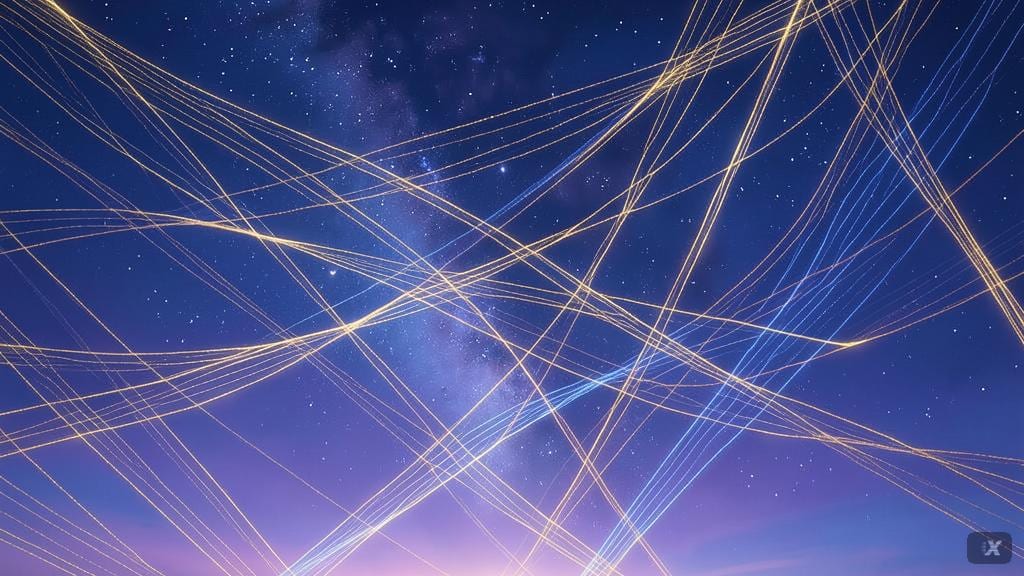 Fili che si intrecciano lentamente in una trama luminosa su fondo scuro