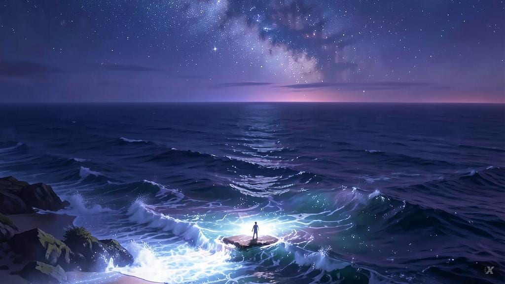 Una orilla oscura bajo un cielo lleno de estrellas y una franja luminosa que cruza el horizonte