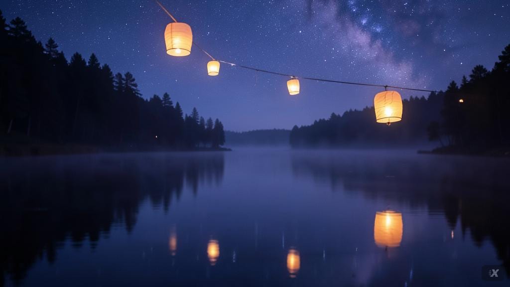 A still lake at dusk reflects a single lantern glowing on the shore.