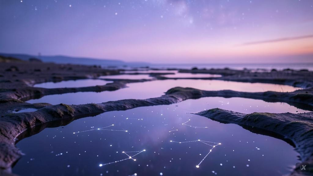 Piccole pozze d'acqua tranquilla riflettono la luce tra le rocce