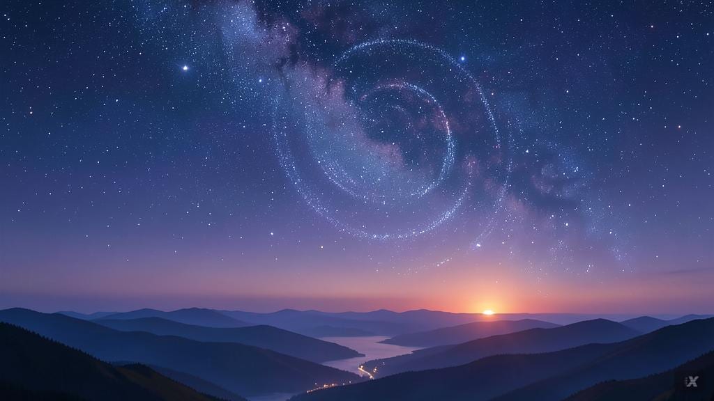 A quiet expanse of stars reflected on still water beneath a deep violet sky.