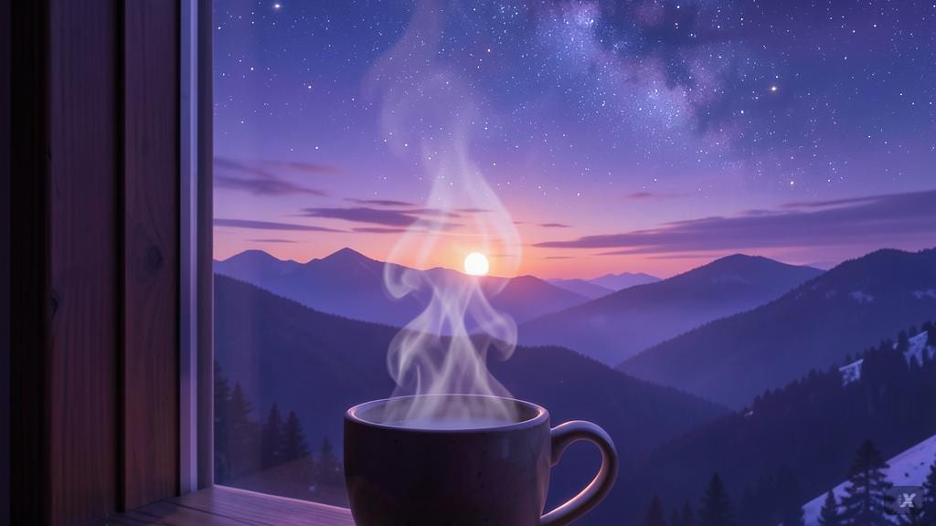 清晨的窗边放着一杯冒着热气的茶,天光刚刚亮起来