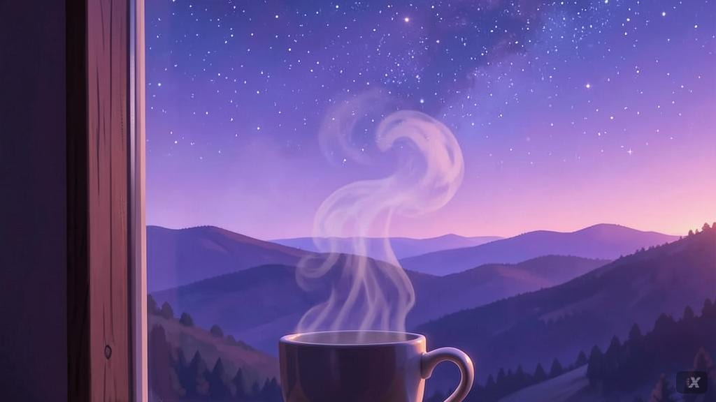 En kaffekop står på en vindueskarm i tidlig morgenlys med bløde skygger over bordet