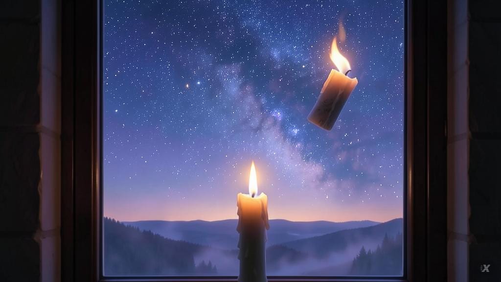 Een brandende kaars in een stille donkere kamer bij nacht
