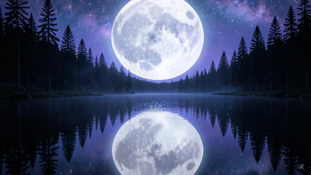 Un lago quieto reflejando la luna en la noche
