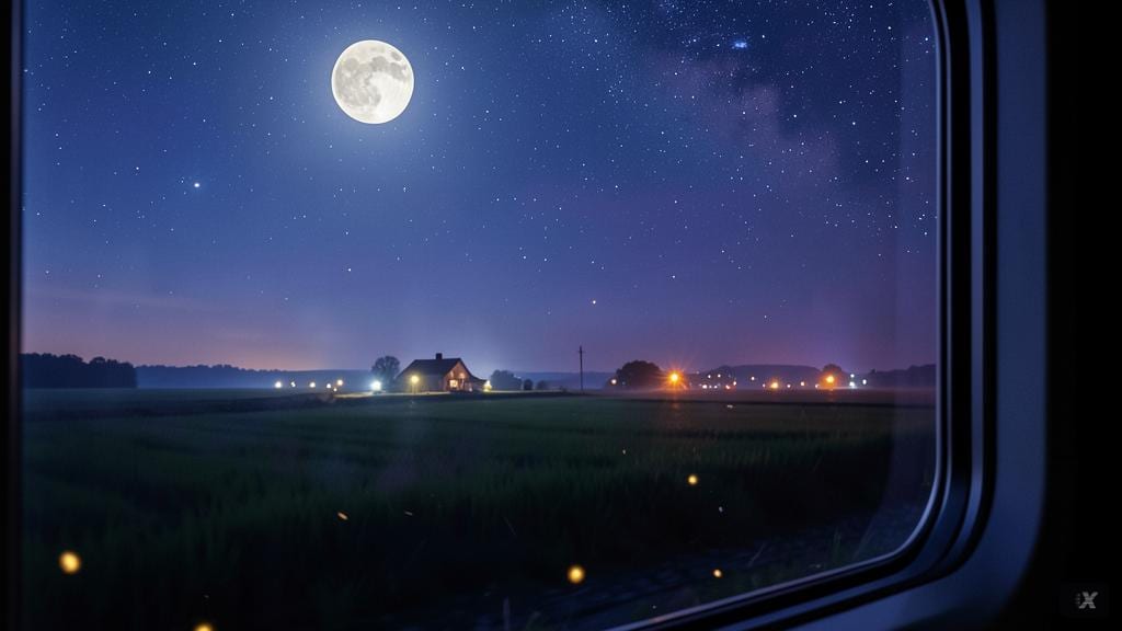 夜行的列车车窗外,灯火连成一条条流动的光带